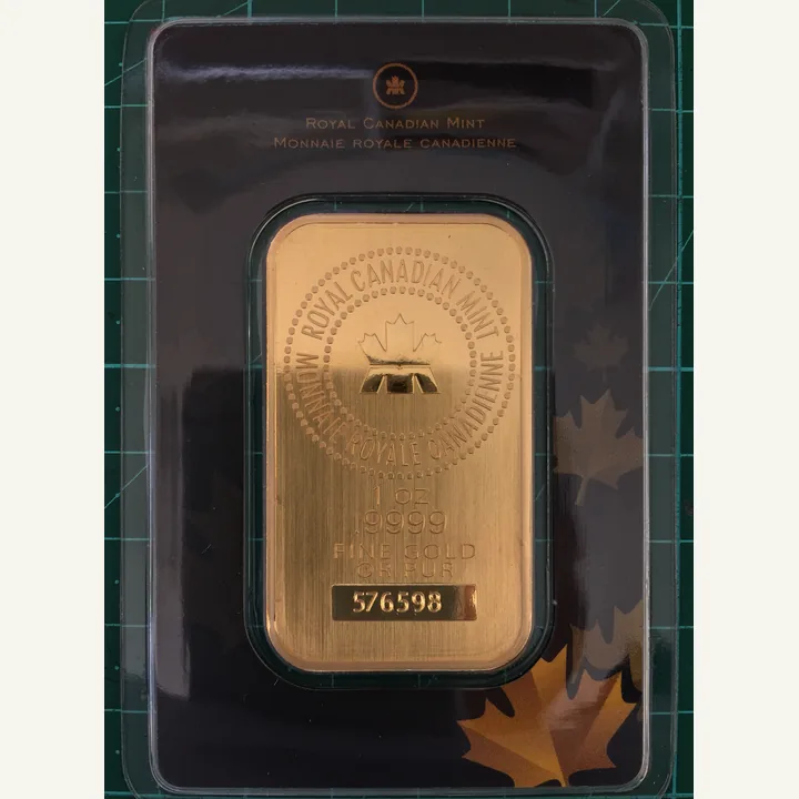 Representative photograph of a Royal Canadian Mint one-ounce minted gold bar